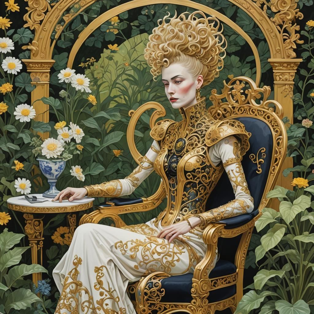 Cybernetic Woman in Rococo Frame, Gouache and Watercolor