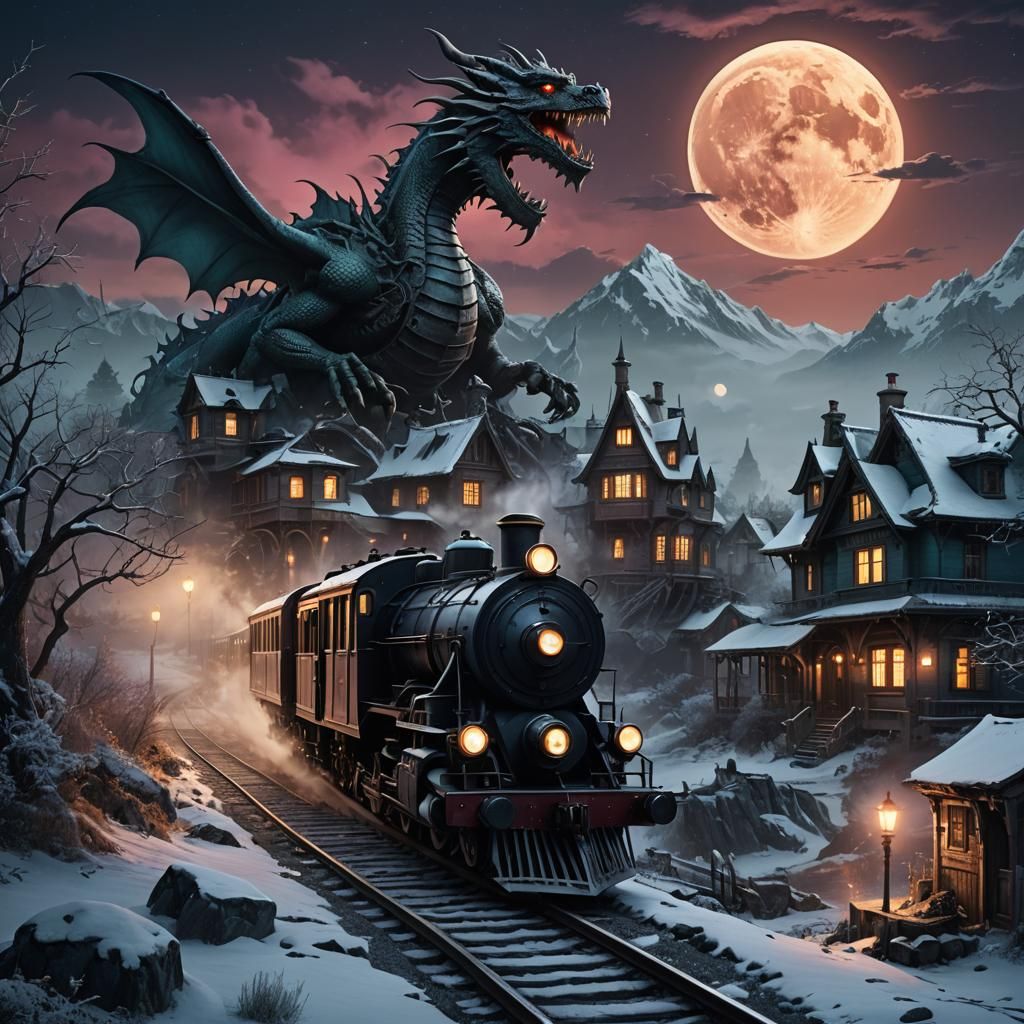 Creepy Dragon and Train Landscape at Evening