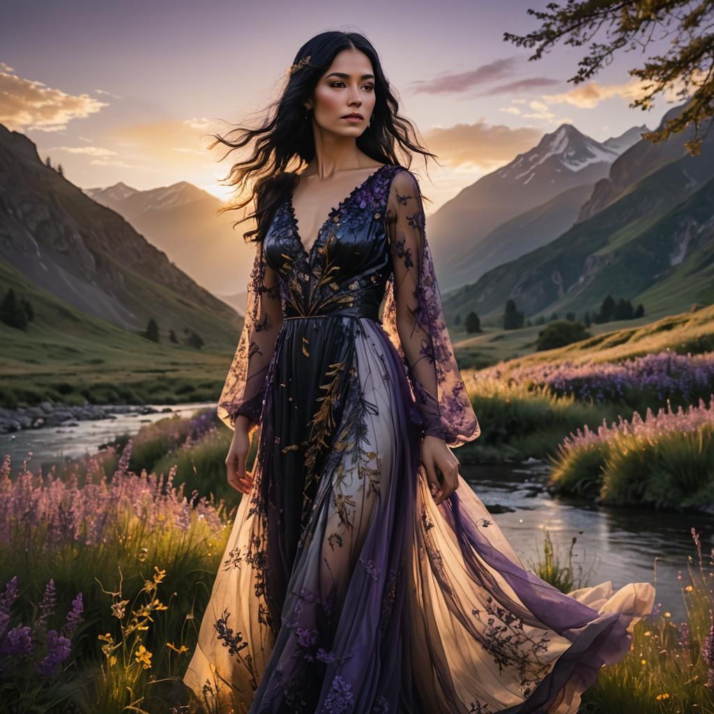 Ethereal Woman with Mountain Sunset in Double Exposure