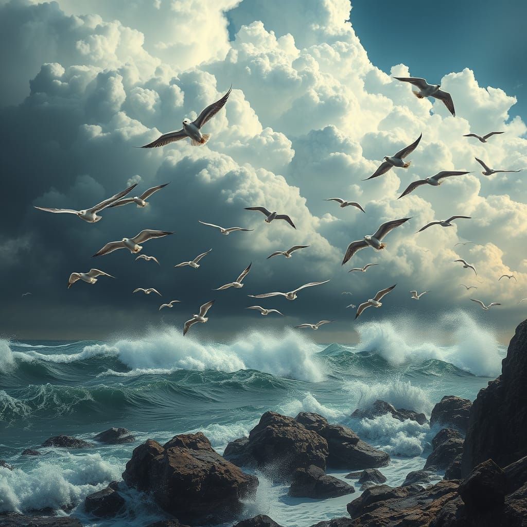 Majestic Seagulls Ride Ocean Storm