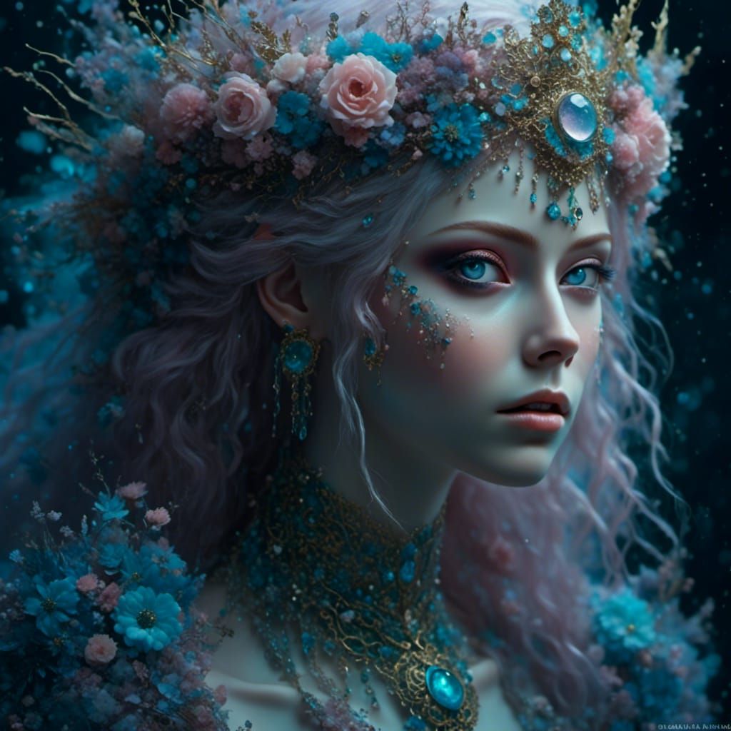 Ethereal Woman with Flower Crown in Pastel Illustration