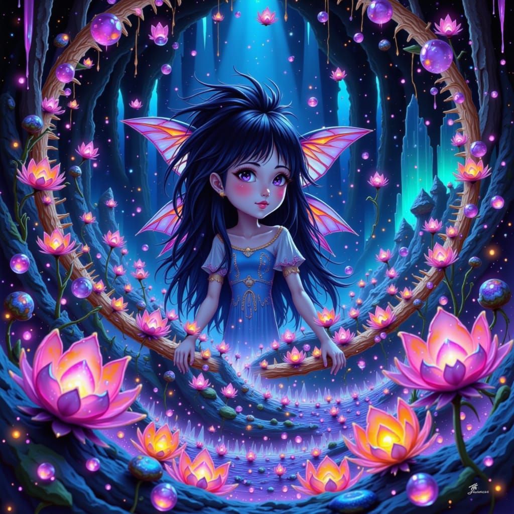 Ethereal Crystal Cavern with Adventurer in Ink Splatter Art