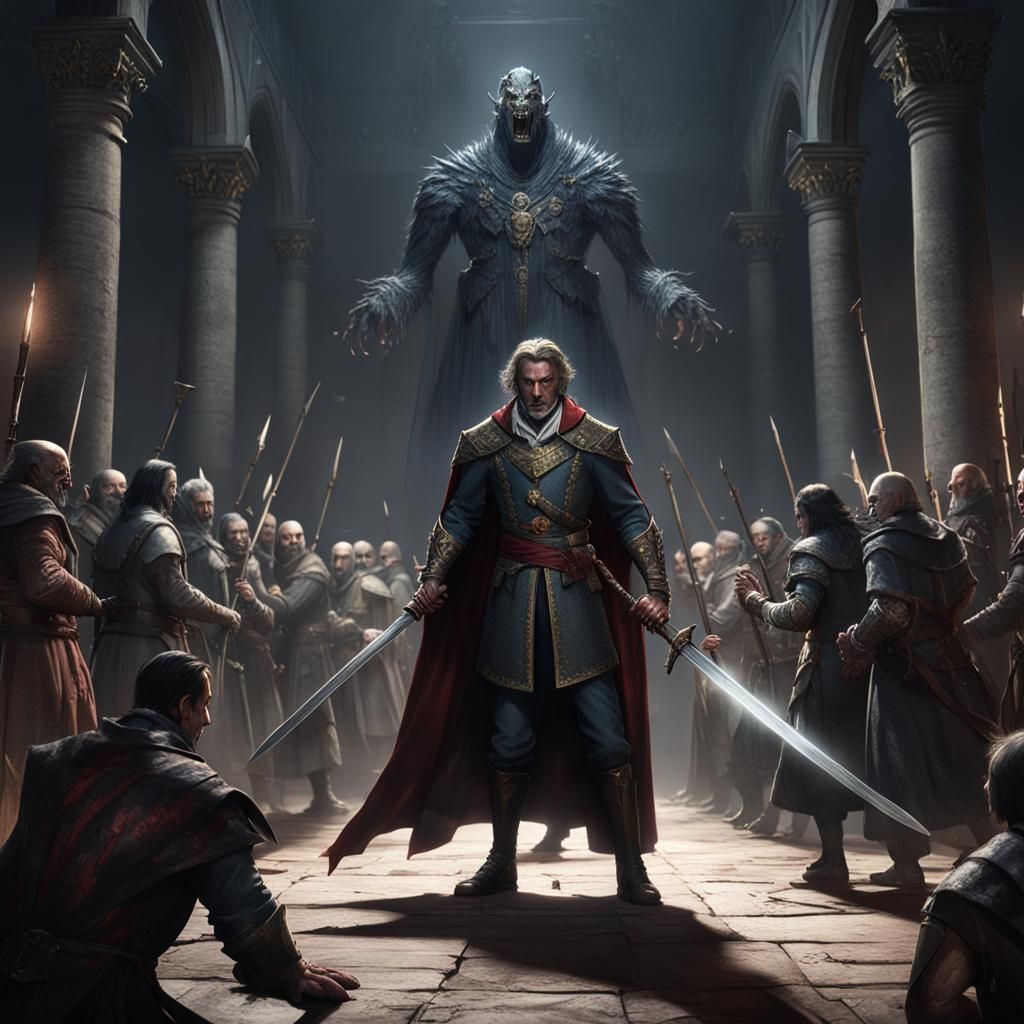 Princess and Dracula Face Enemies in Horror Scene