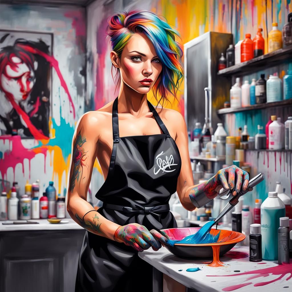 Modern Hairdresser in Salon Graffiti Art Style
