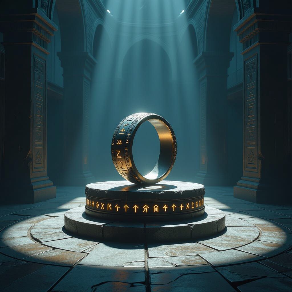 Mystical Stone Ring with Runes on Pedestal
