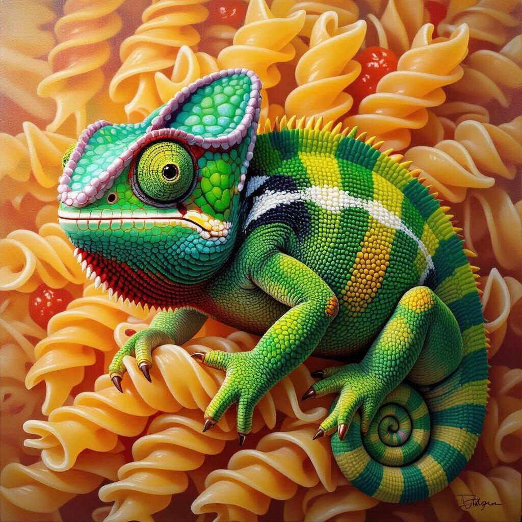 Surreal Chameleon Macaroni Creature in Oil Painting Style