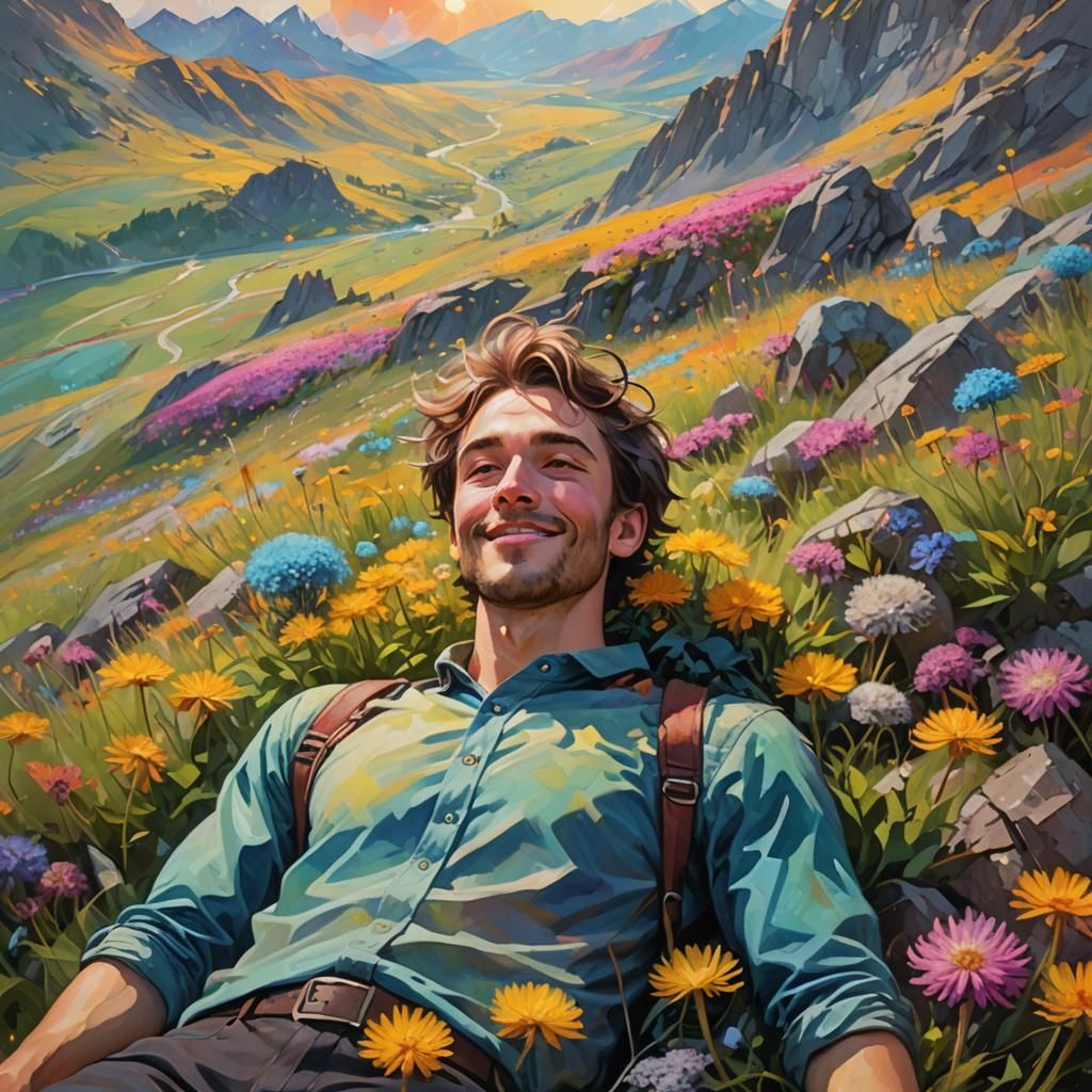 Young Man on Mountain Ridge in Oil Painting Style