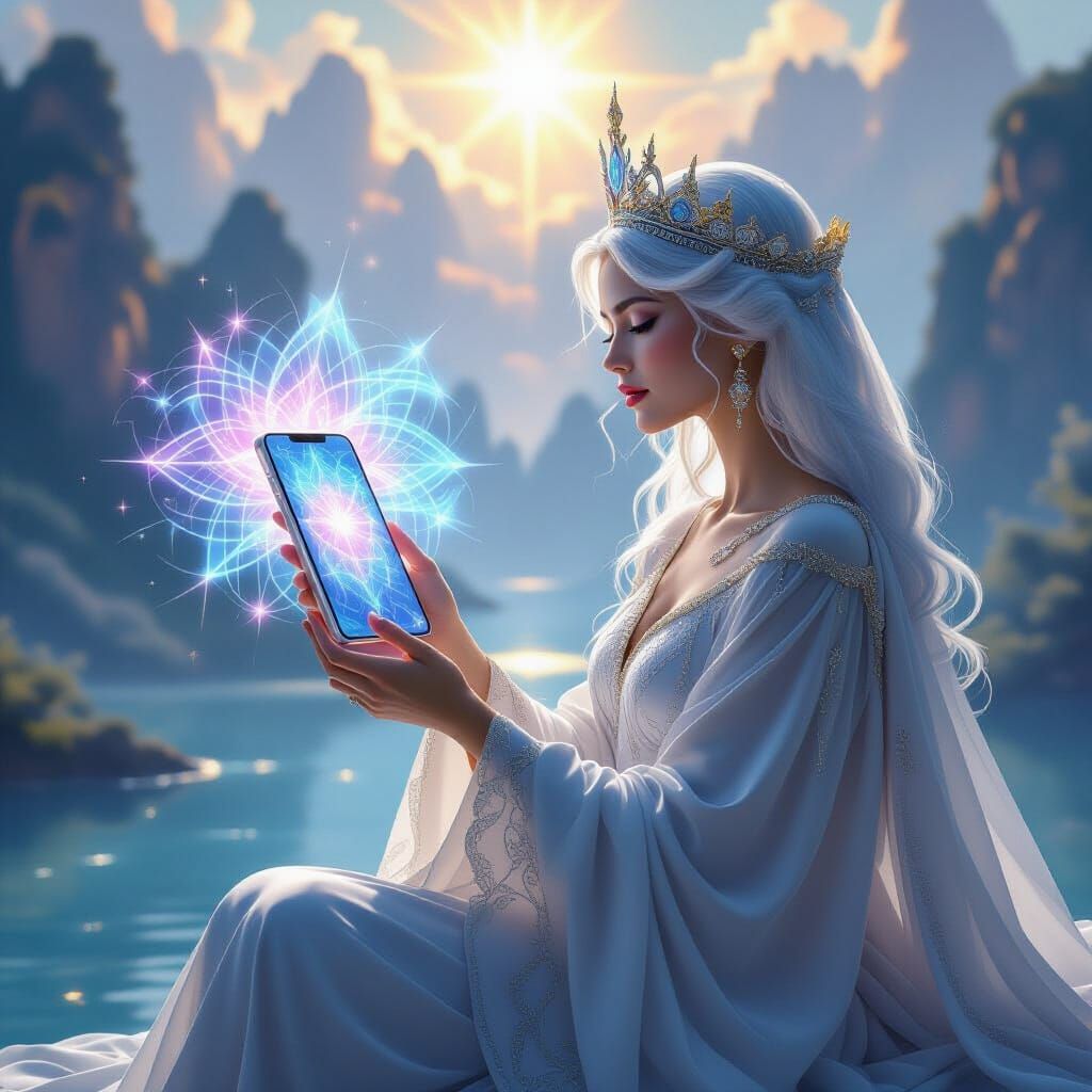 Regal Queen Contemplates Holographic Smartphone in Ethereal ...