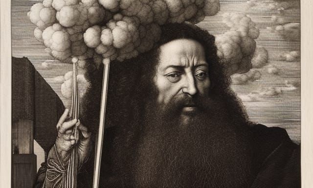 Man Blowing Mist in Engraving Style