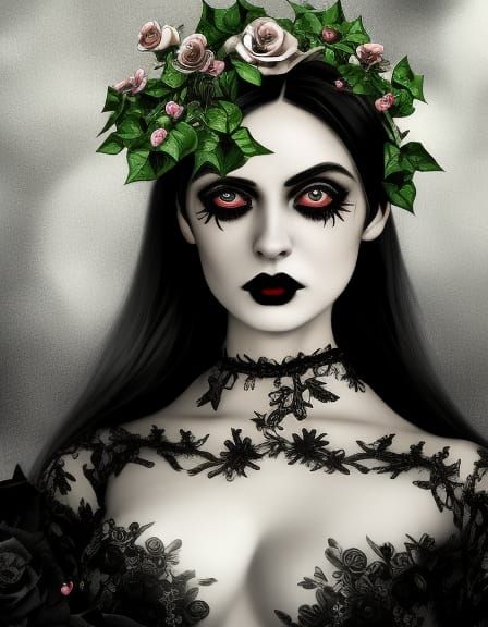 Gothic Portrait with Black Flowers in Victorian Style