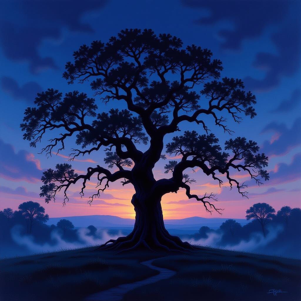 Ancient Oak Tree Silhouetted Against Moody Twilight Sky