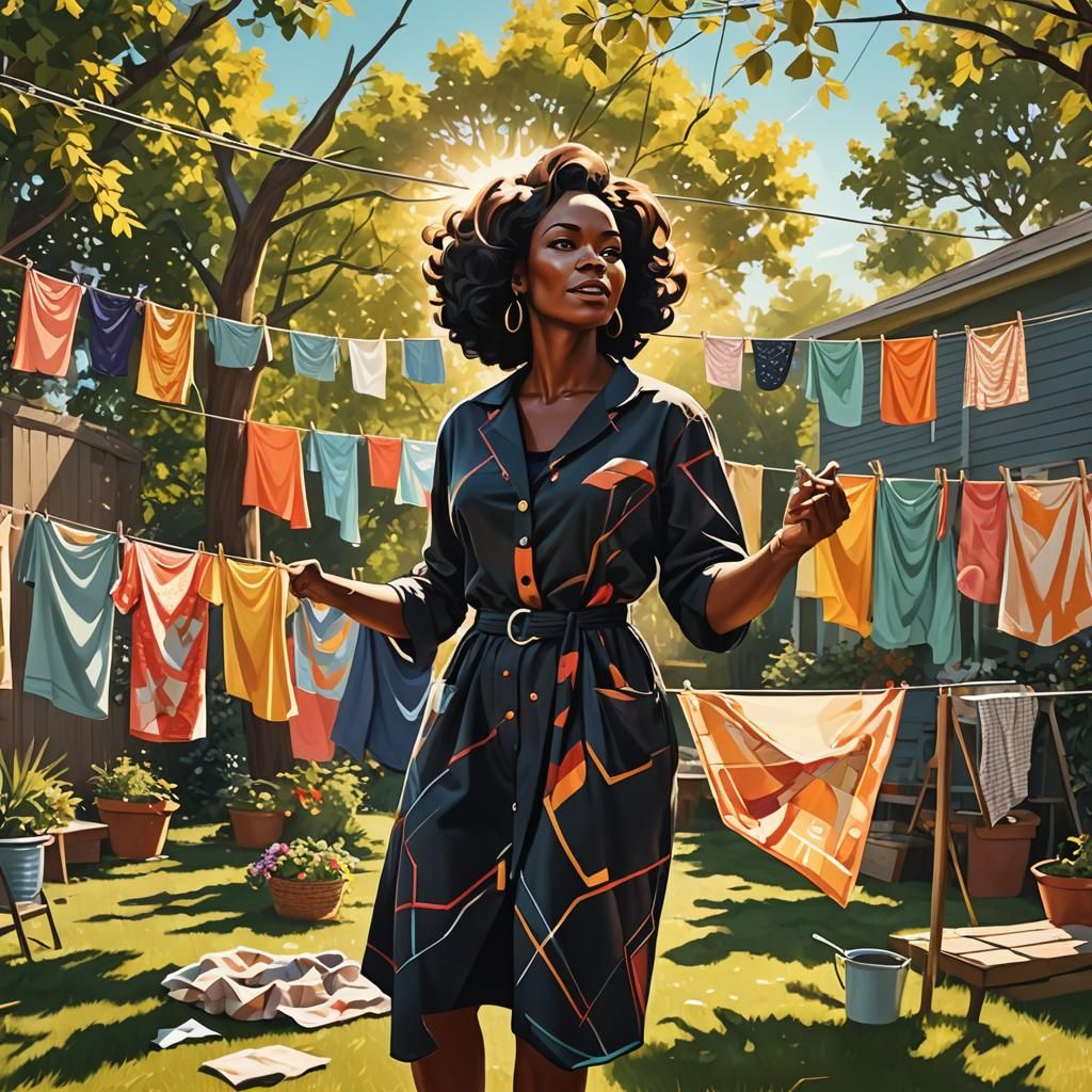 Black Woman Hanging Clothes: 1960s Abstract Art