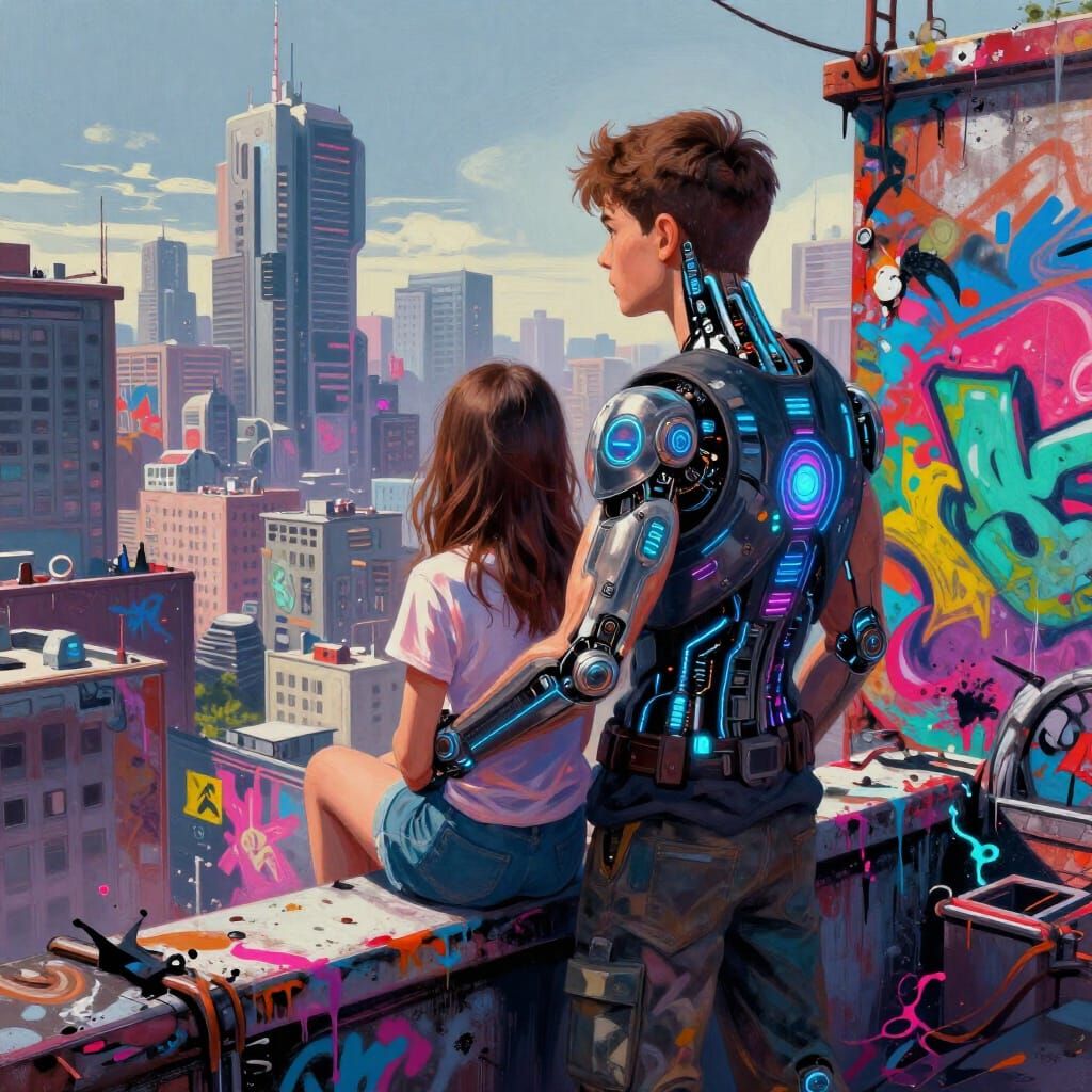 Cybernetic Teen Boy and Girl on Rooftop Overlooking Futurist...