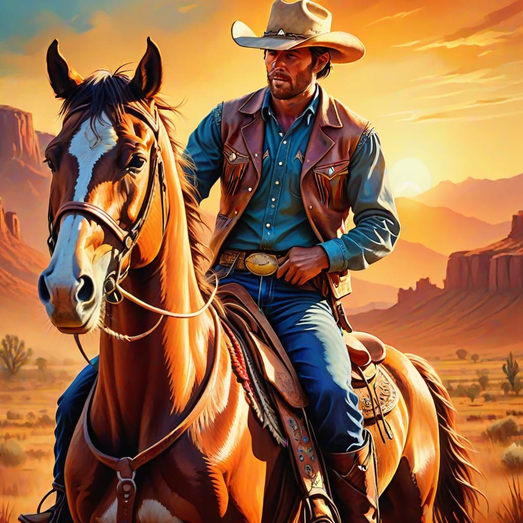 Cowboy on Horse in Oil Painting Style