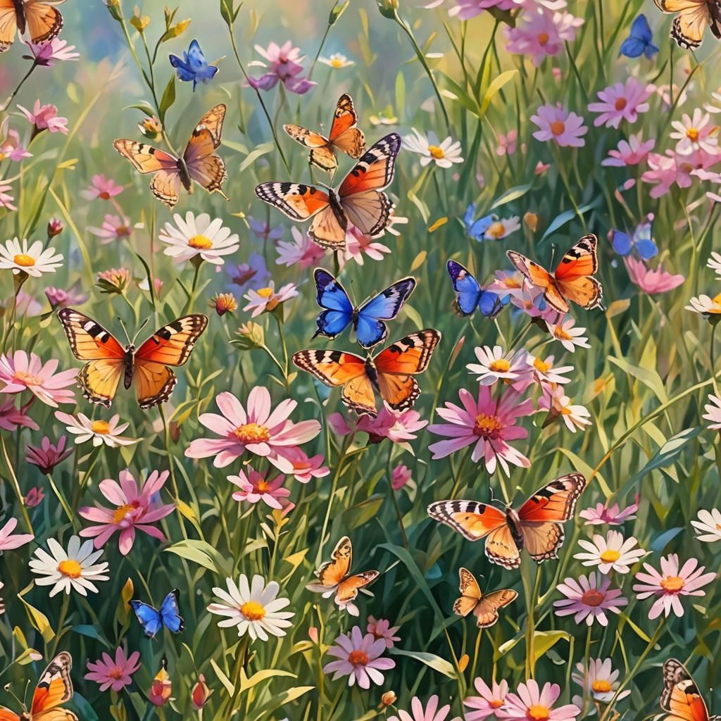 Floral Meadow with Butterflies in Impressionist Style