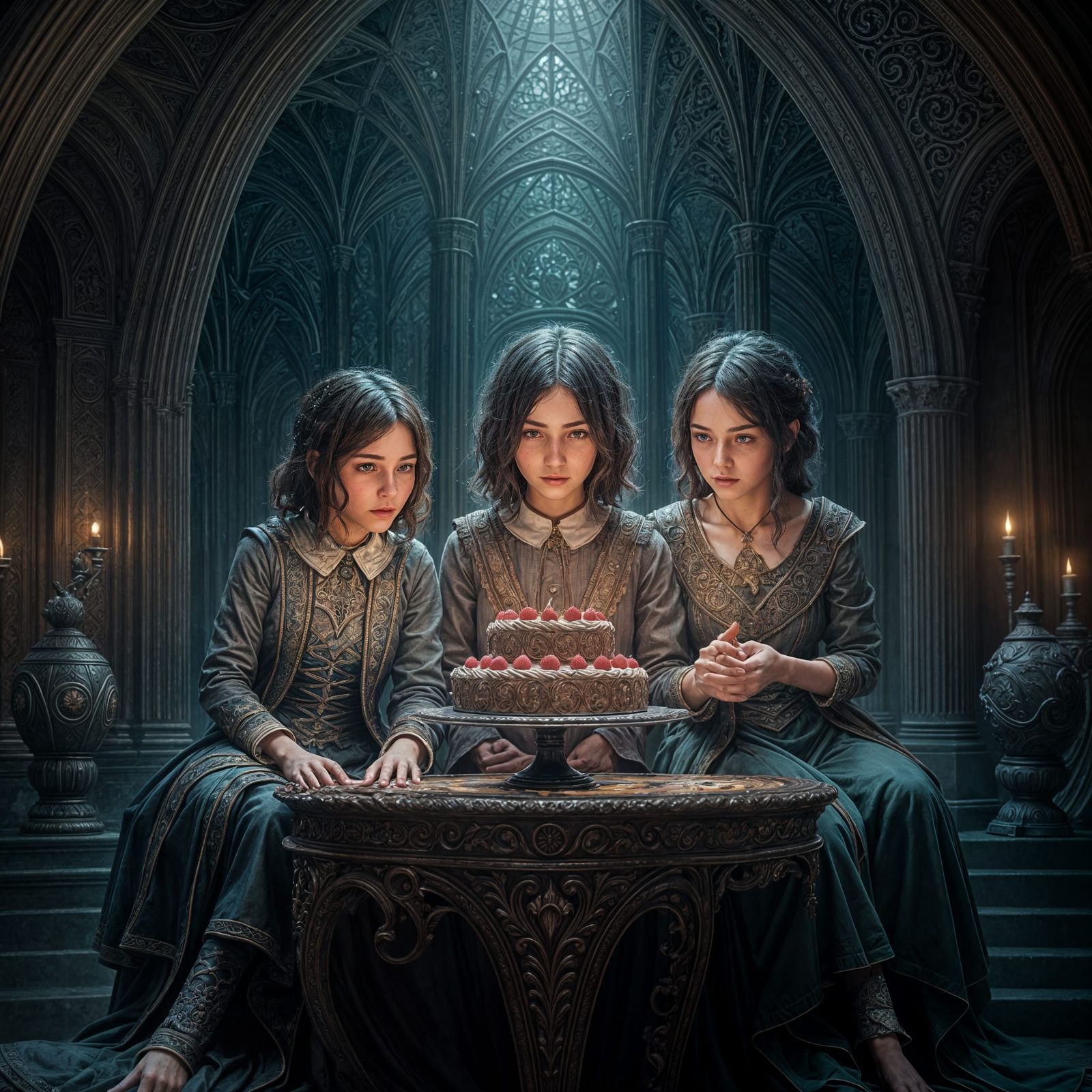 Three Orphan Sisters Marvel at a Vibrant Fantasy Cake