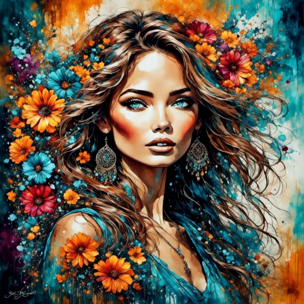 Happy Hippie Girl with Flowers in Inked Style