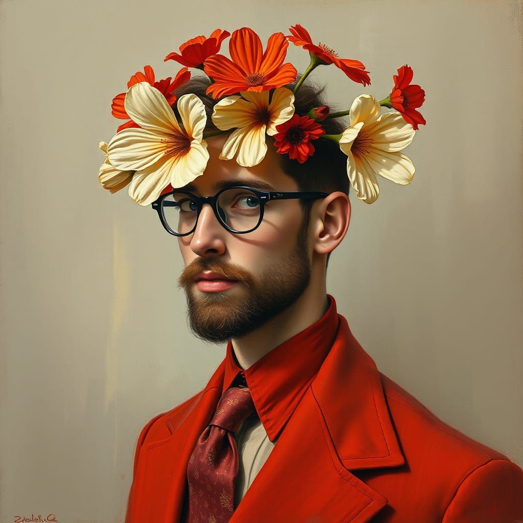 Whimsical Gentleman with Flowers: Pointillism Gouache Portra...