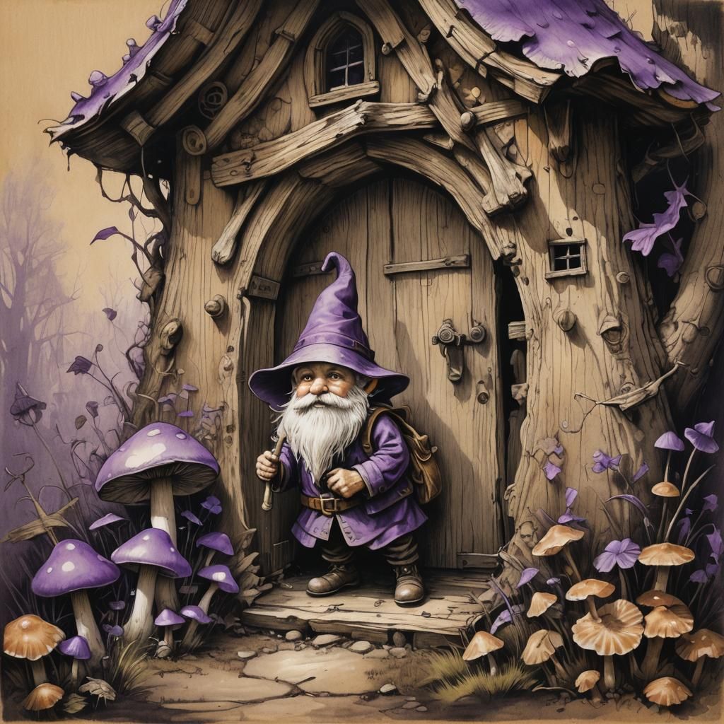 Gnome by Toadstool House: Charcoal Drawing with Rembrandt Li...