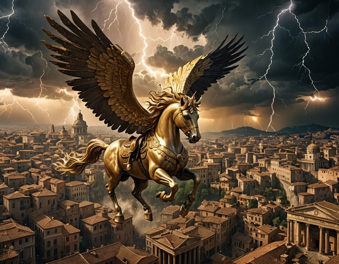 Golden Pegasus Flies Over Roman City in Lightning Storm