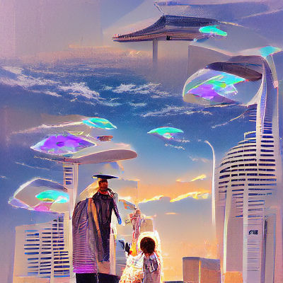 Futuristic Cityscape with Flying Vehicles