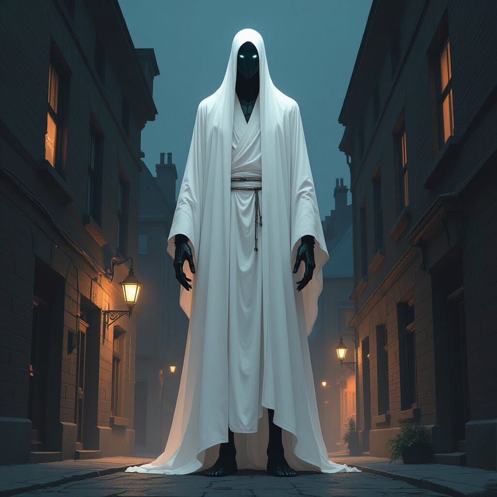 Priest Figure in Urban Nightscape, Digital Art