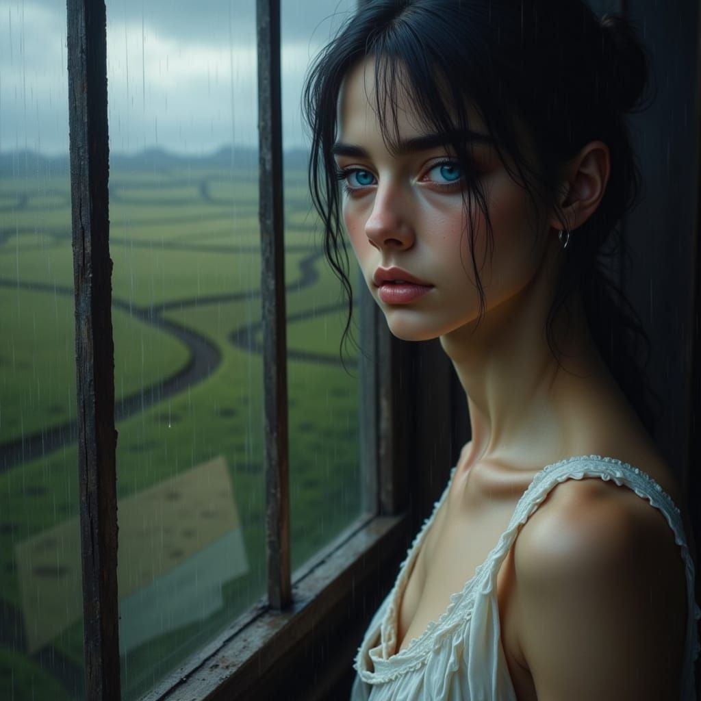 Melancholy Woman Gazes from Rain-Streaked Window