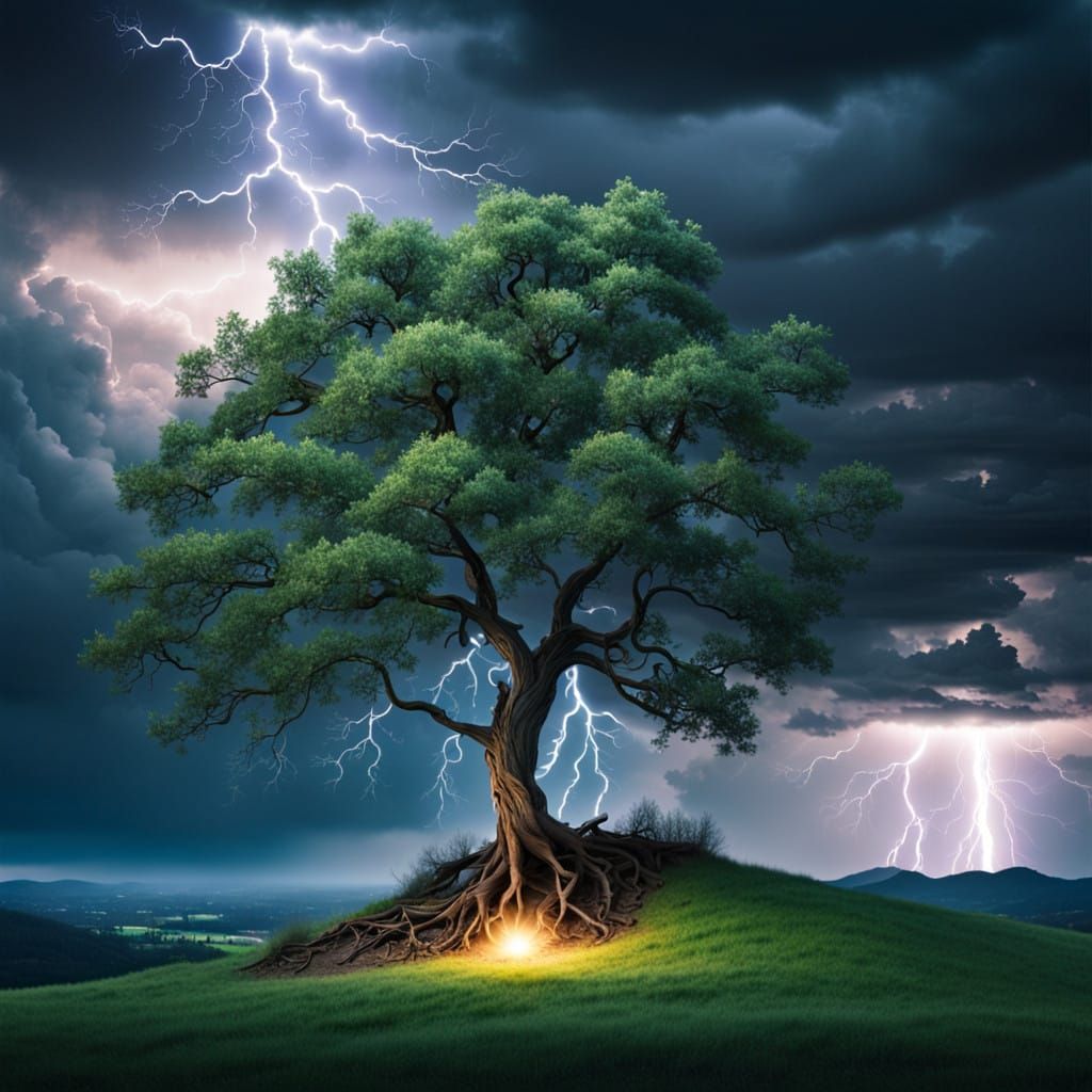 Surrealistic Springtime Tree Illuminated by a Bolt of Lightn...