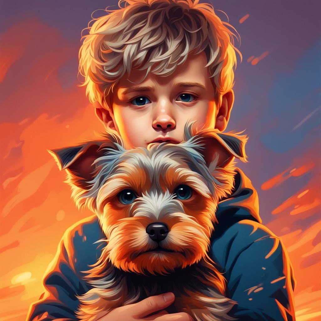 Boy and Yorkshire Terrier at Sunset