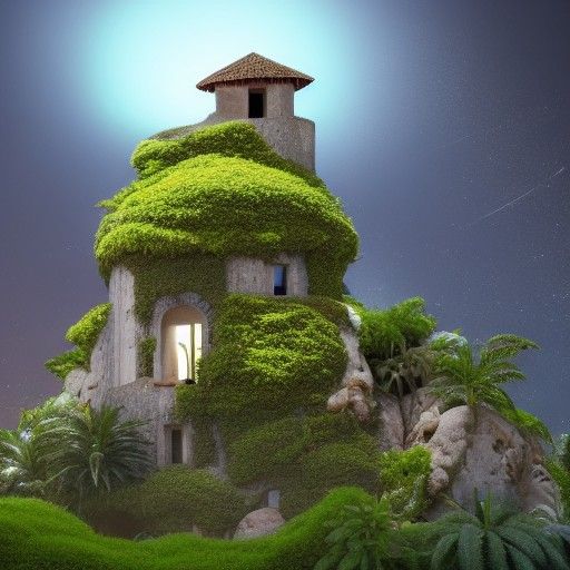 Hilltop House with Circular Tower in Hyperrealism
