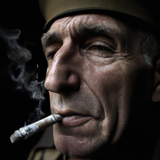Intense Portrait of Army General Smoking