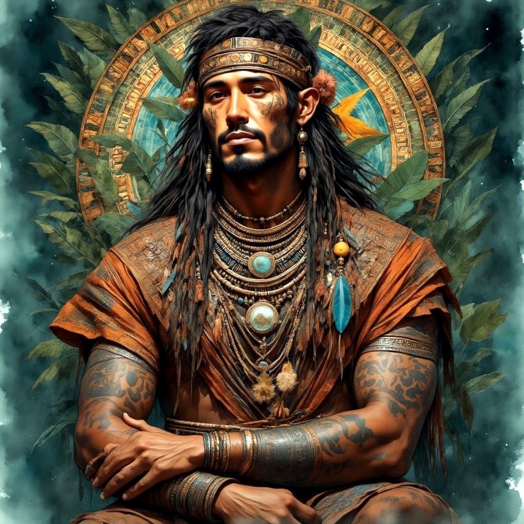 Polynesian Shaman in Tribal Dress, Spiritual Painting