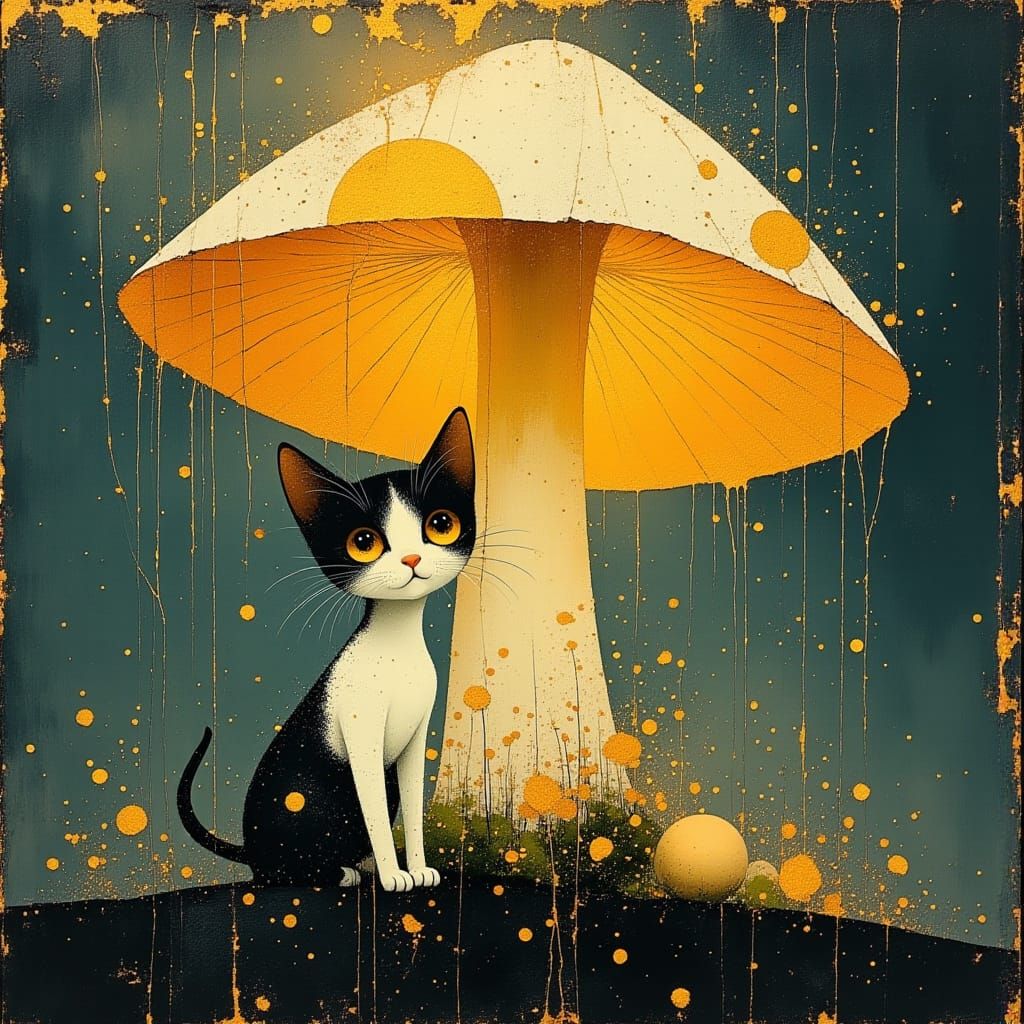Whimsical Kitten Under Glowing Mushroom in Rain