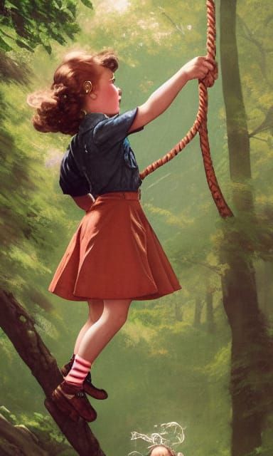 Girl Scout on Rope Swing in Rockwell Style