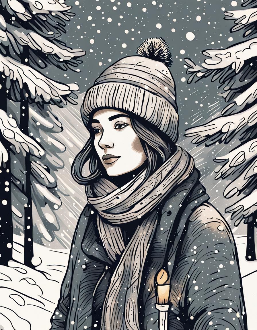 Whimsical Winter Scene in Traditional Folk Art Style