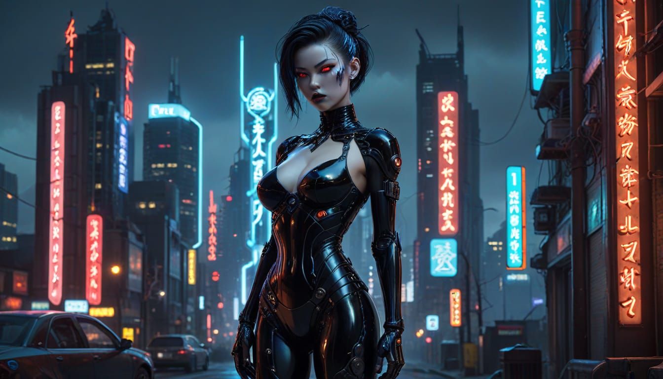 Cyberpunk Cyborg Pinup in Neon City