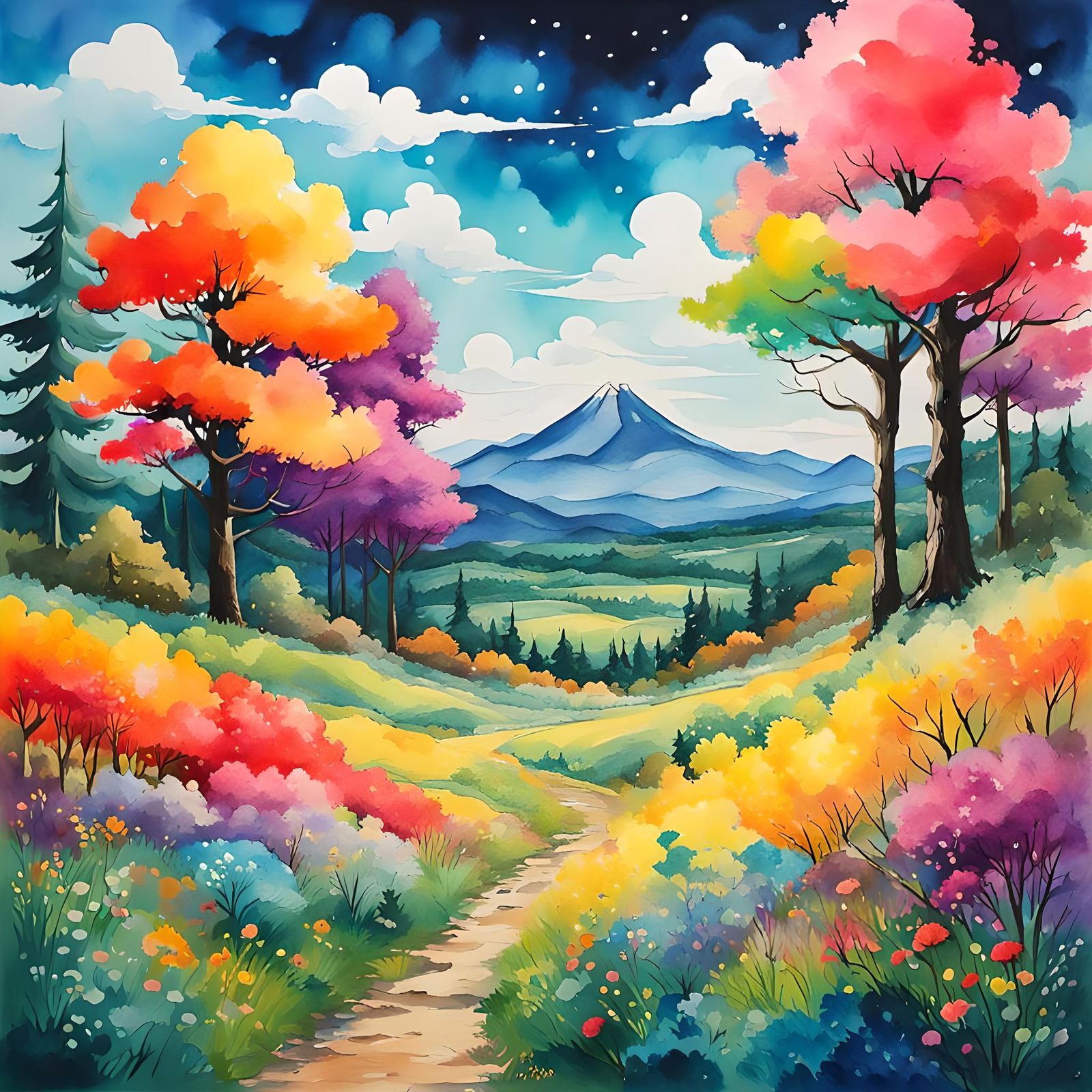 Colorful Meadow in Gouache Anime Style