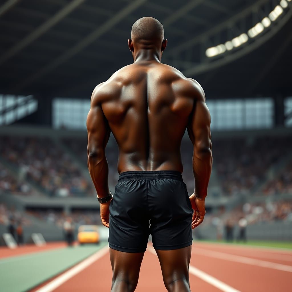 Strong Athlete at the Starting Line in a Stadium