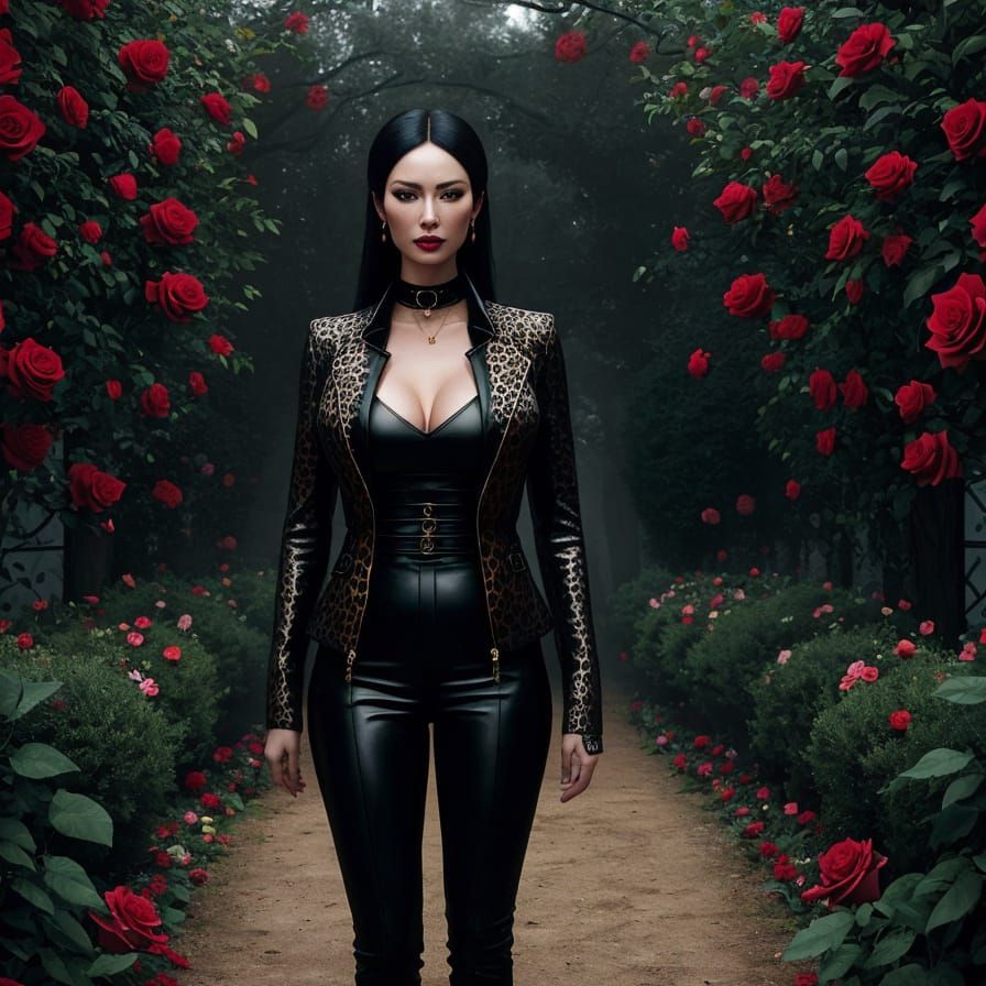 Woman in Rose Garden with Shadowy Creature