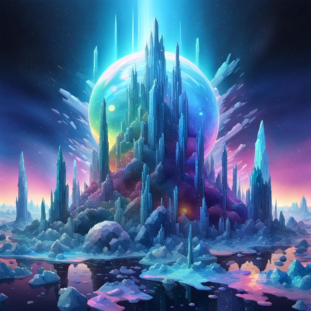 Opalescent Crystal Planet in Futuristic Digital Art Style