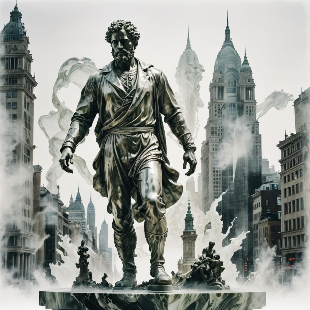 Marble Statue Meets Dystopian Cityscape in Double Exposure