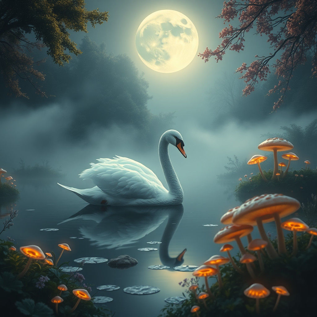 White Swan Glides on Moonlit Lake