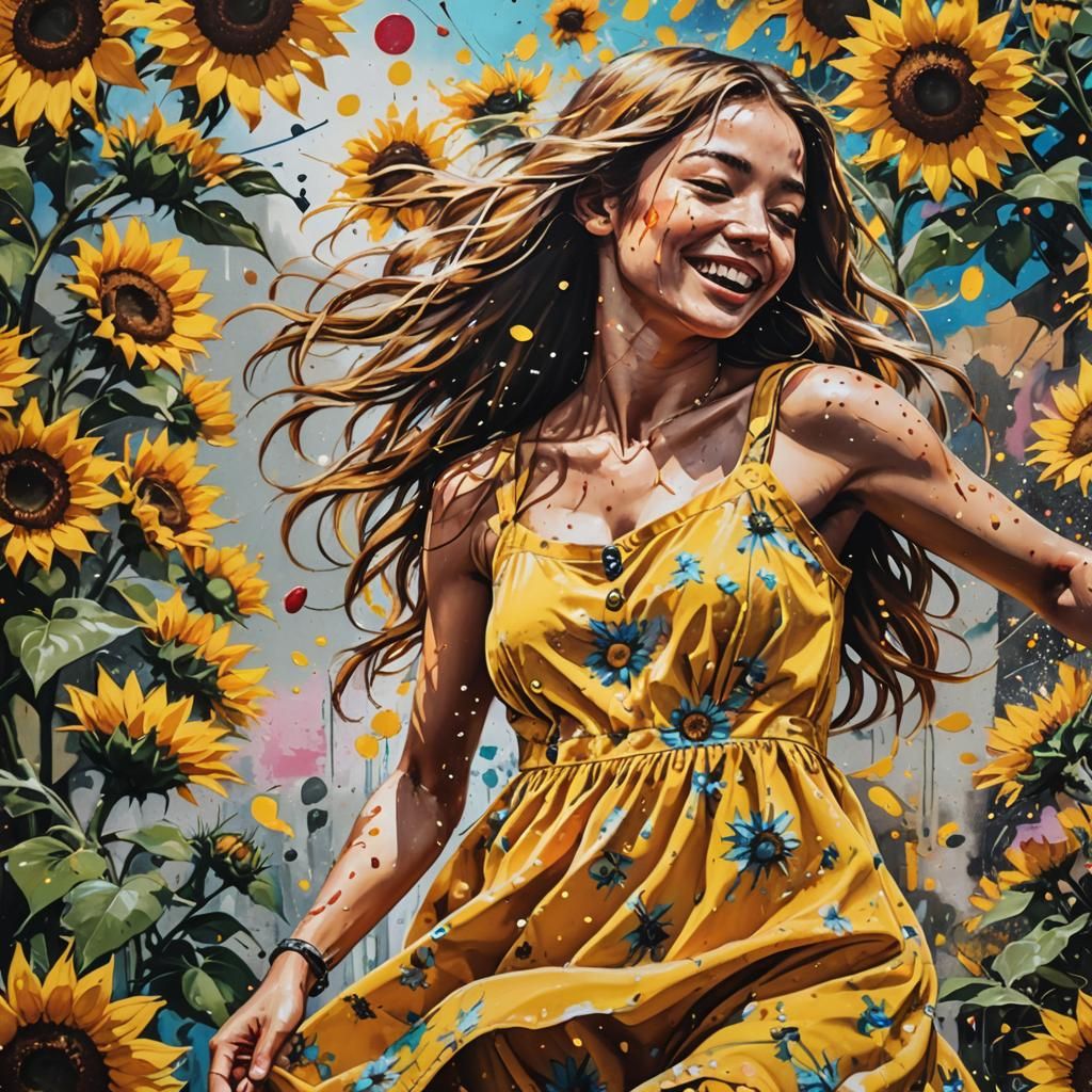 Girl Dancing in Sunflowers: Vibrant Street Art