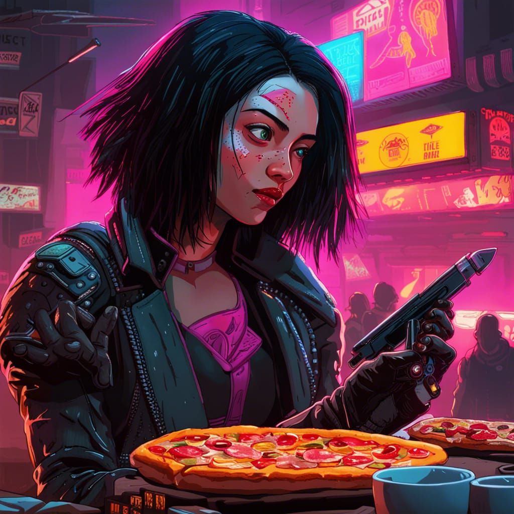 Alita, Battle Angel Eats Pizza in Cyberpunk City