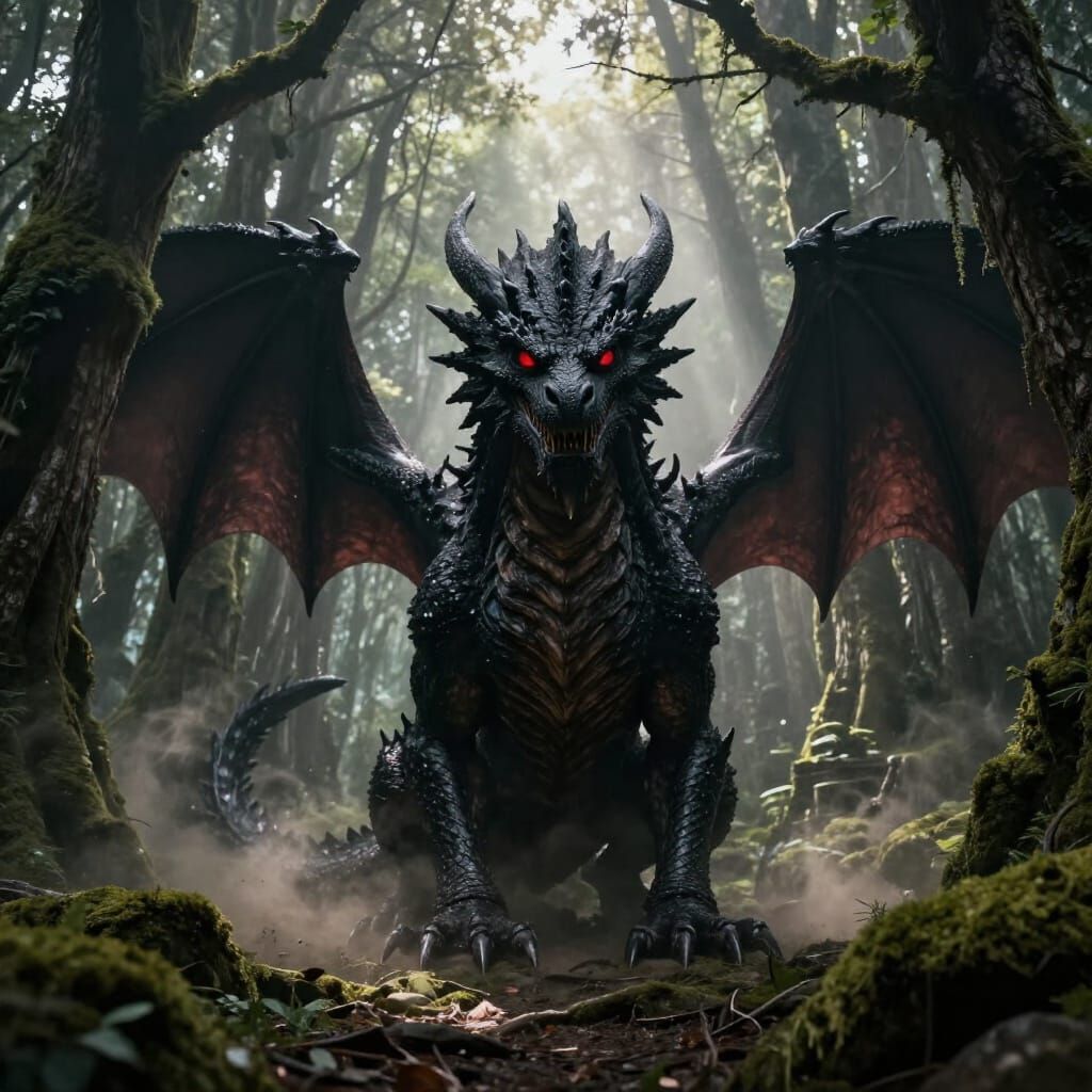 Ominous Black Dragon Glaring from Ancient Temple Ruins