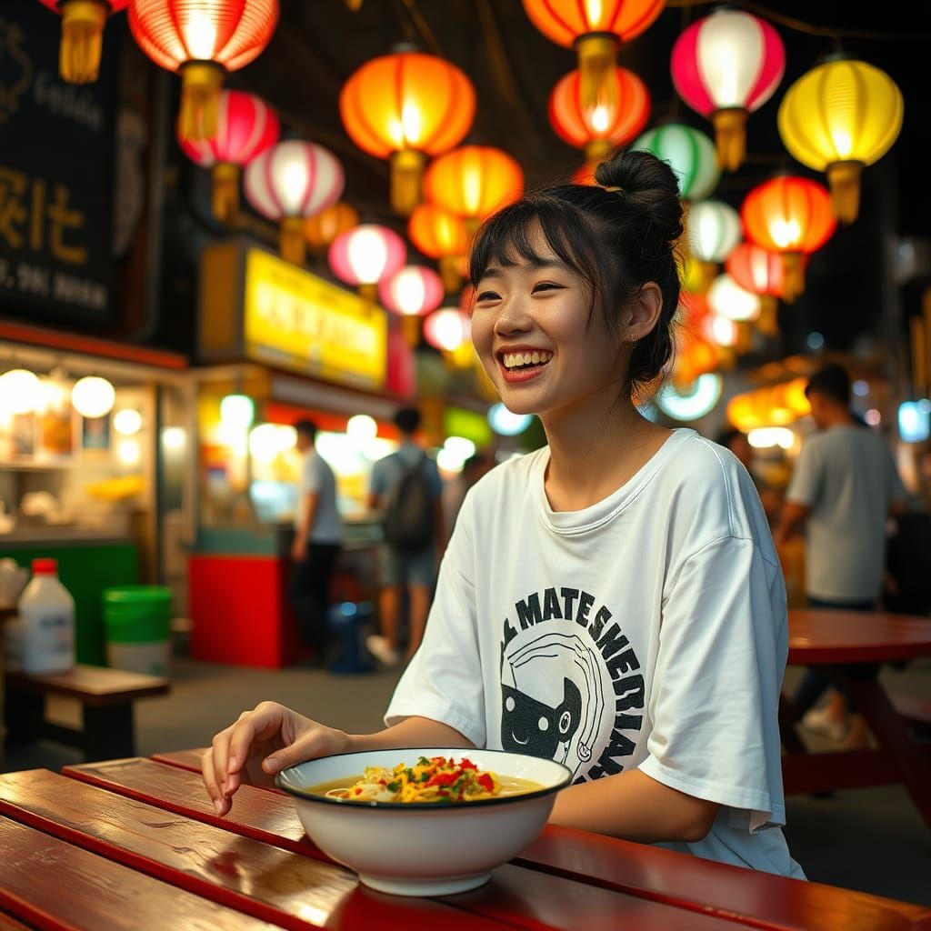 Japanese Girl Laughing in Vibrant Night Market