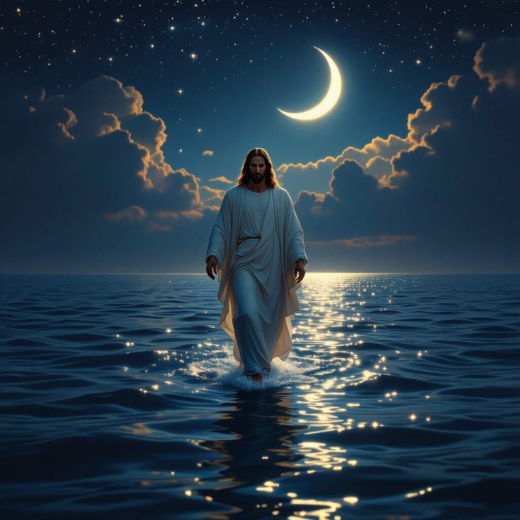 Jesus Walks on Water Under Starry Night Sky