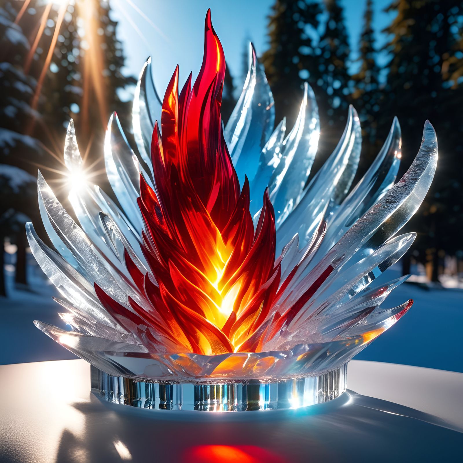 Hyperrealistic Ice Flame Sculpture in Sunlight