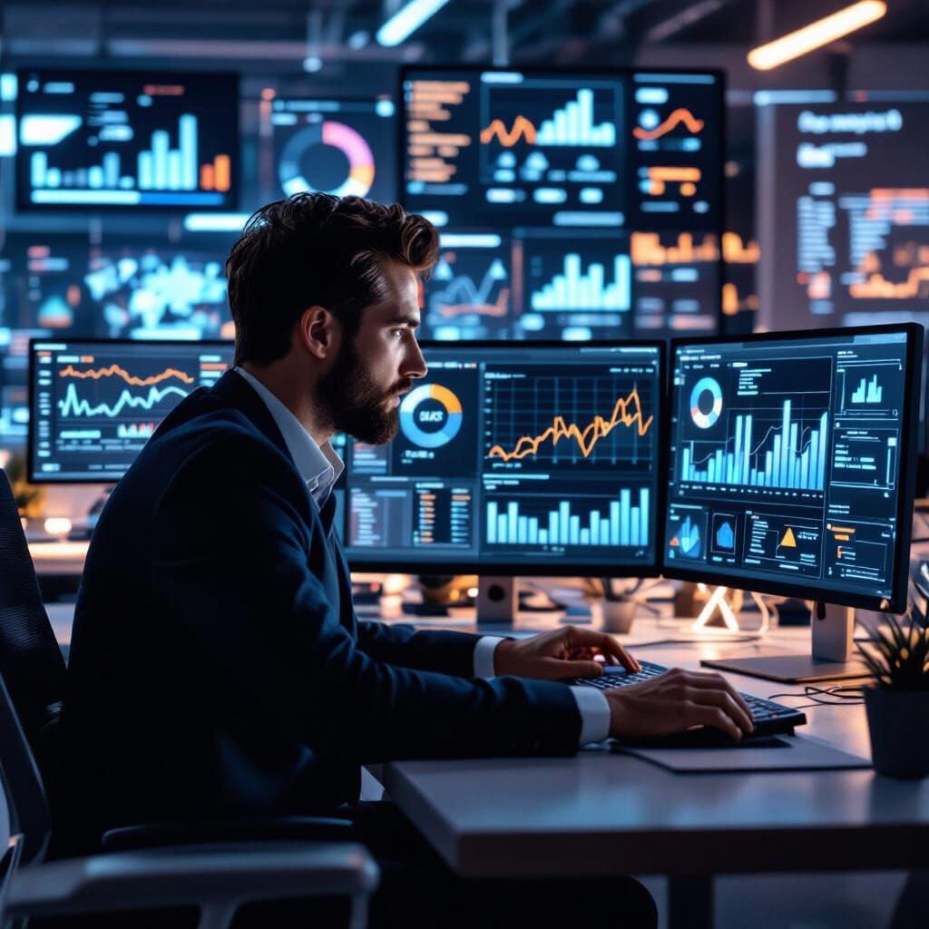 Data Analyst Surrounded by Analytics Screens in Digital Art