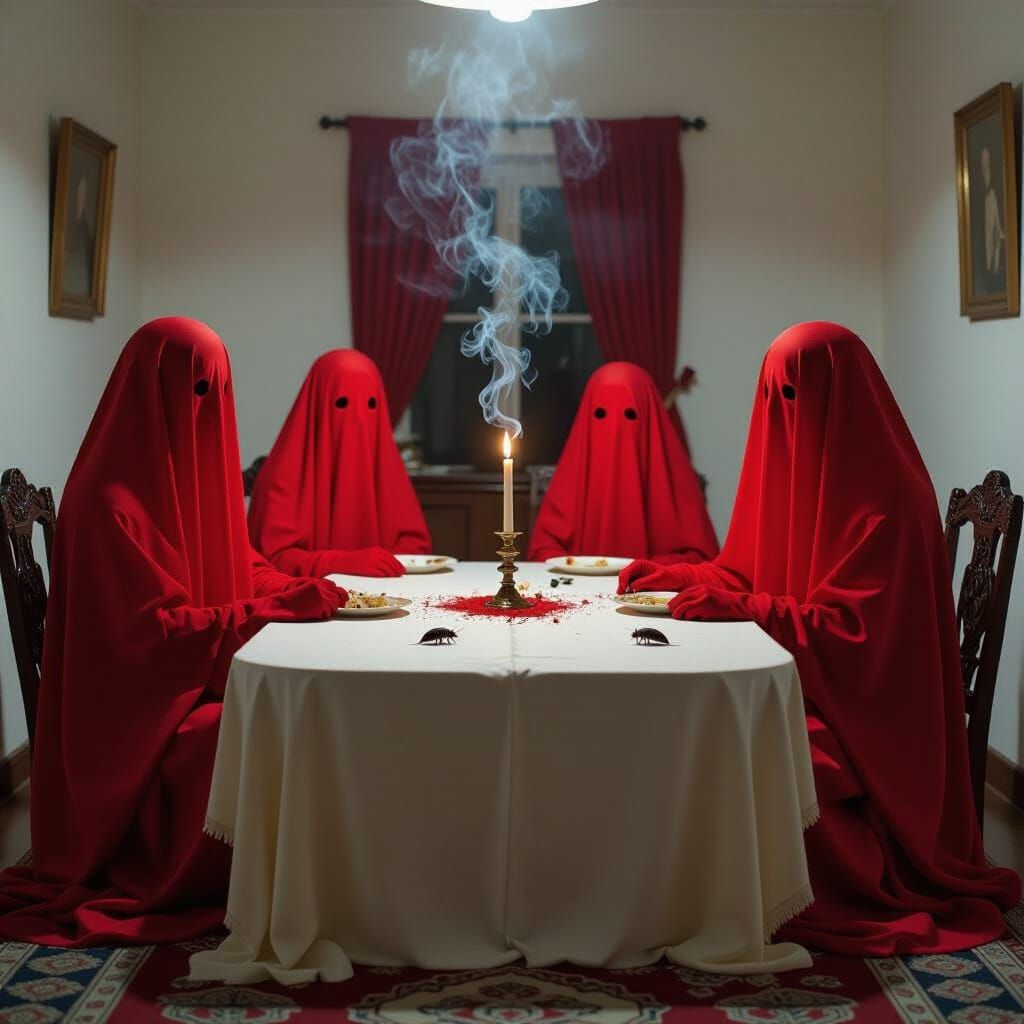 Family in Red Silk Around a Dimly Lit Table